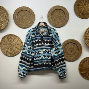 Aerie Sherpa Fleece Pullover Sweatshirt Large Blue White Fair Isle Quarter Zip